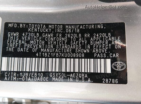 4T1BZ1FB7KU008908 2019 TOYOTA AVALON Silver Engine compartment view