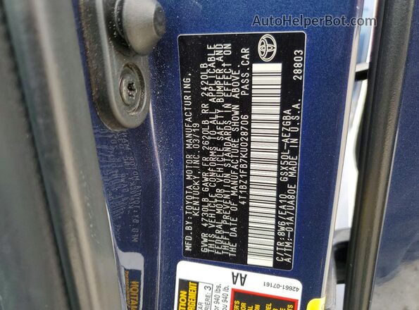 4T1BZ1FB7KU028706 2019 TOYOTA AVALON Синий Вид наклейки с VIN-кодом