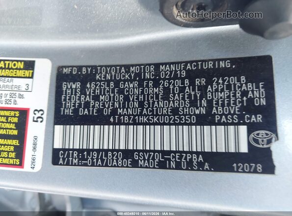 4T1BZ1HK5KU025350 2019 TOYOTA CAMRY Silver Widok komory silnika