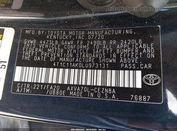 4T1C11AK0LU973131 2020 TOYOTA CAMRY Blue Вид підкапотного простору