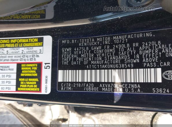 4T1C11AK0NU638549 2022 TOYOTA CAMRY Black ძრავის განყოფილების ხედი