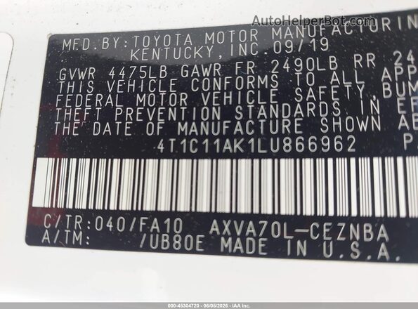 4T1C11AK1LU866962 2020 TOYOTA CAMRY White Vista del compartimento del motor