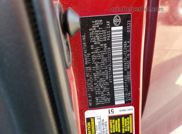 4T1C11AK2LU322258 2020 TOYOTA CAMRY Burgundy Widok komory silnika