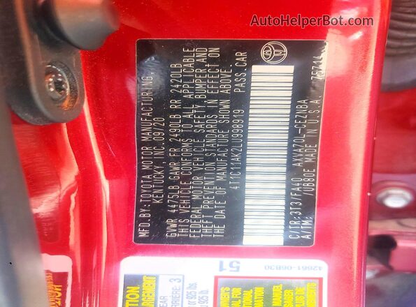 4T1C11AK2LU998919 2020 TOYOTA CAMRY Burgundy Vista del compartimento del motor