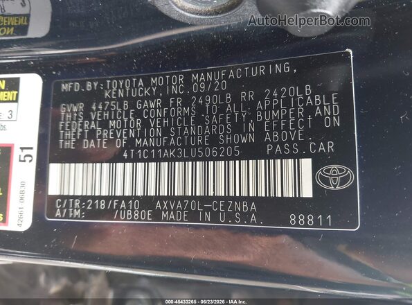 4T1C11AK3LU506205 2020 TOYOTA CAMRY Black Widok komory silnika