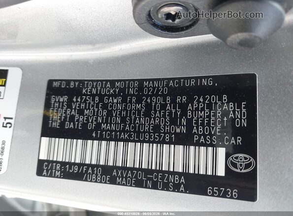 4T1C11AK3LU935781 2020 TOYOTA CAMRY Серебряный 