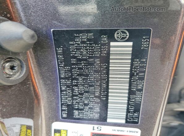 4T1C11AK4LU914745 2020 TOYOTA CAMRY Gray Вид підкапотного простору