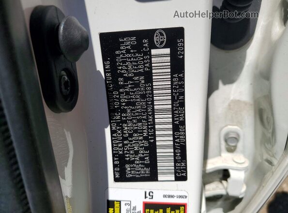 4T1C11AK4MU402985 2021 TOYOTA CAMRY Белый Вид наклейки с VIN-кодом