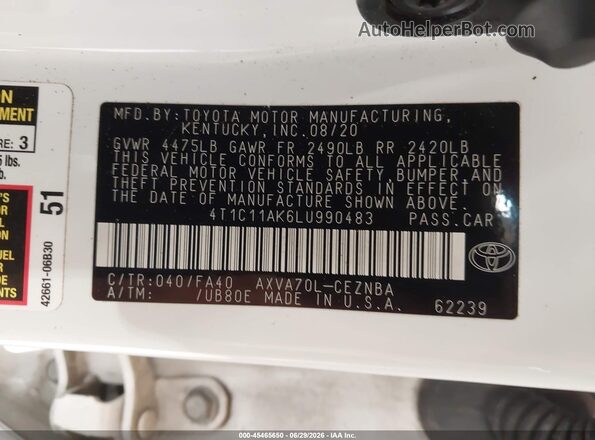4T1C11AK6LU990483 2020 TOYOTA CAMRY White Vista del compartimento del motor