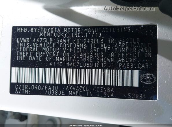 4T1C11AK7LU893633 2020 TOYOTA CAMRY White ძრავის განყოფილების ხედი
