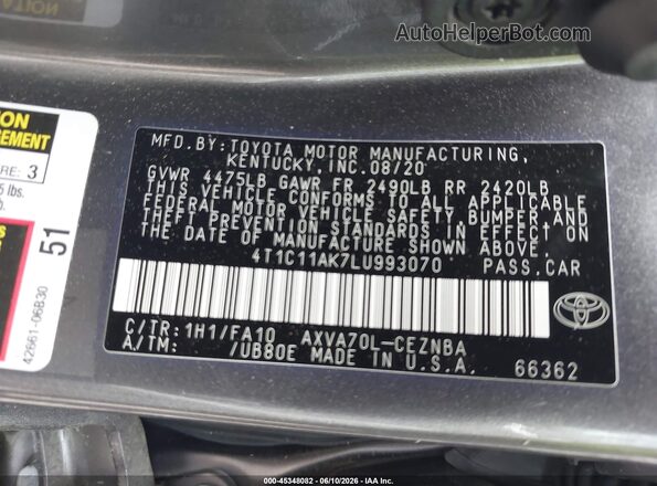 4T1C11AK7LU993070 2020 TOYOTA CAMRY Серый Вид подкапотного пространства
