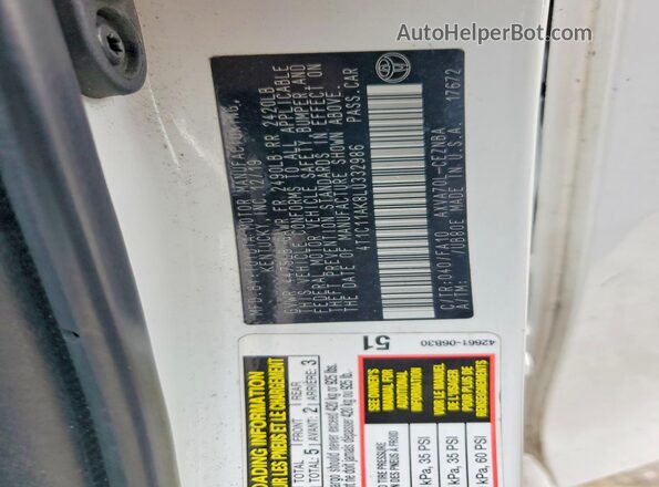 4T1C11AK8LU332986 2020 TOYOTA CAMRY White 