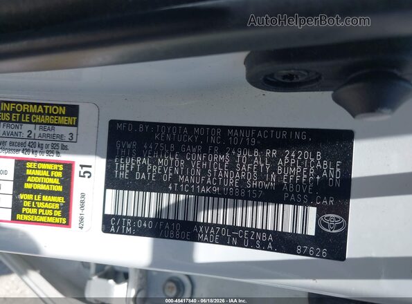 4T1C11AK9LU888157 2020 TOYOTA CAMRY White ძრავის განყოფილების ხედი