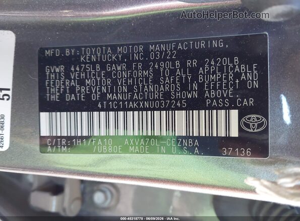 4T1C11AKXNU037245 2022 TOYOTA CAMRY Серый 
