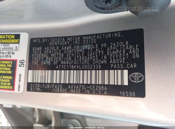 4T1C11BK4LU002339 2020 TOYOTA CAMRY Silver Շարժիչի բաժամունքի տեսք