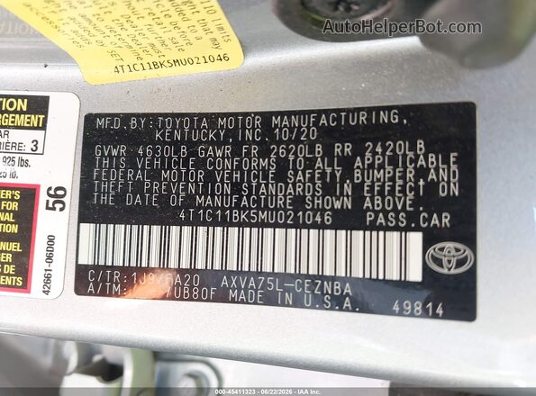 4T1C11BK5MU021046 2021 TOYOTA CAMRY Silver Engine compartment view