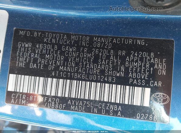 4T1C11BK6LU012483 2020 TOYOTA CAMRY Blue Շարժիչի բաժամունքի տեսք