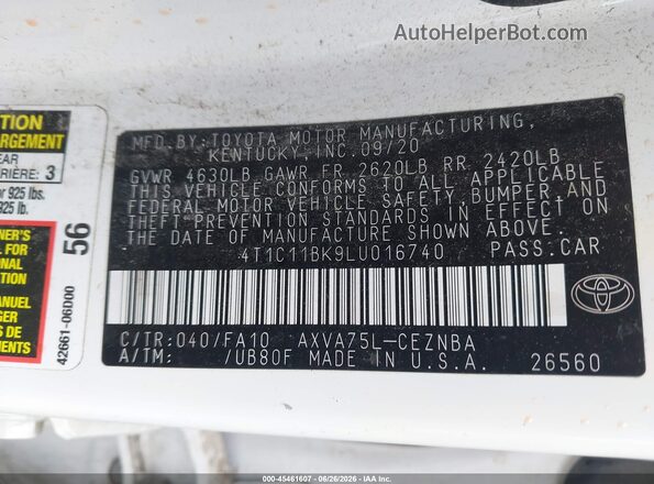 4T1C11BK9LU016740 2020 TOYOTA CAMRY White Շարժիչի բաժամունքի տեսք