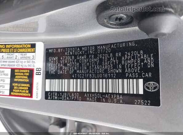 4T1C21FB3LU016112 2020 TOYOTA AVALON HYBRID Silver ძრავის განყოფილების ხედი