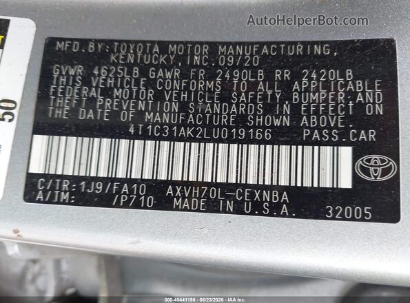 4T1C31AK2LU019166 2020 TOYOTA CAMRY Silver Widok komory silnika