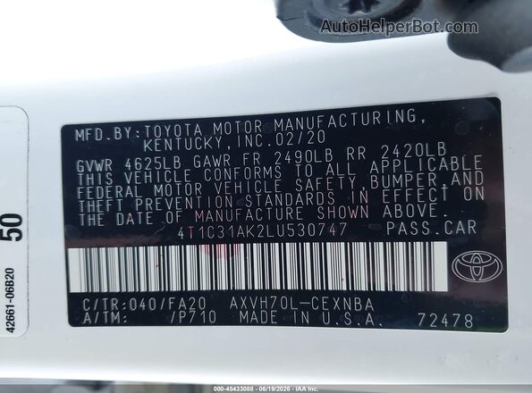 4T1C31AK2LU530747 2020 TOYOTA CAMRY White ძრავის განყოფილების ხედი