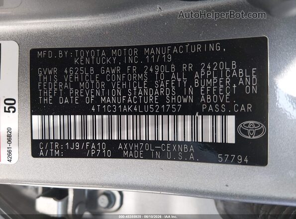 4T1C31AK4LU521757 2020 TOYOTA CAMRY Silver Vista del compartimento del motor