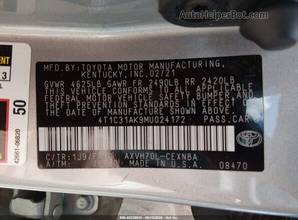 4T1C31AK9MU024172 2021 TOYOTA CAMRY Серебряный Вид подкапотного пространства