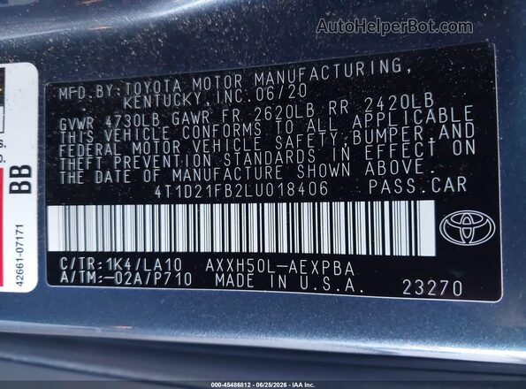 4T1D21FB2LU018406 2020 TOYOTA AVALON HYBRID Gray ძრავის განყოფილების ხედი