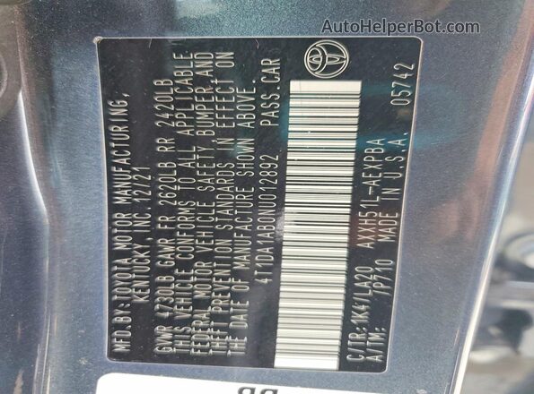 4T1DA1AB0NU012892 2022 TOYOTA AVALON Blue VIN կոդի պիտակի տեսք