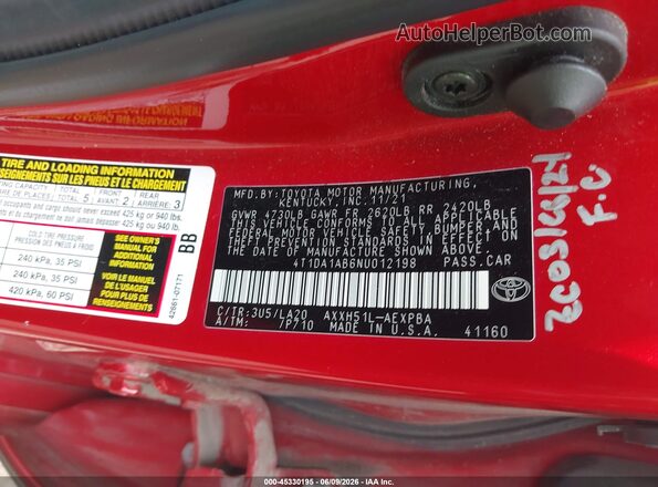 4T1DA1AB6NU012198 2022 TOYOTA AVALON Red Vista del compartimento del motor