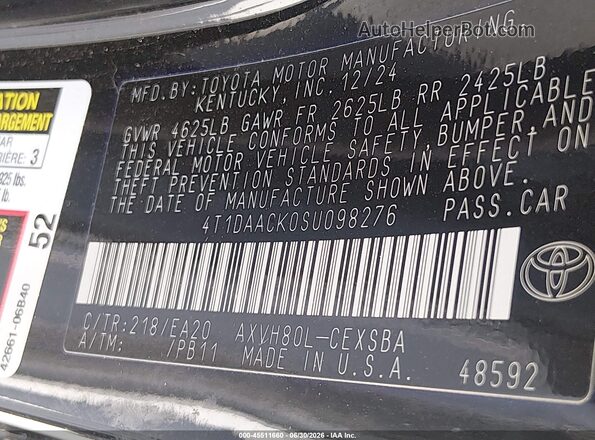 4T1DAACK0SU098276 2025 TOYOTA CAMRY Black Engine compartment view