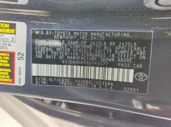4T1DAACK0SU145077 2025 TOYOTA CAMRY Gray VIN sticker view