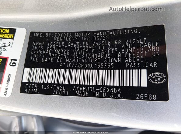 4T1DAACK0SU165765 2025 TOYOTA CAMRY Silver Vista del compartimento del motor