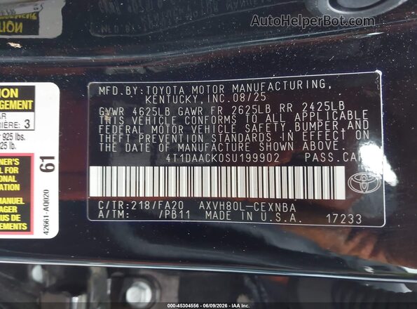 4T1DAACK0SU199902 2025 TOYOTA CAMRY Черный Вид подкапотного пространства