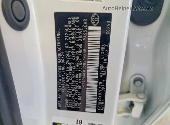 4T1DAACK0SU514956 2025 TOYOTA CAMRY White ძრავის განყოფილების ხედი