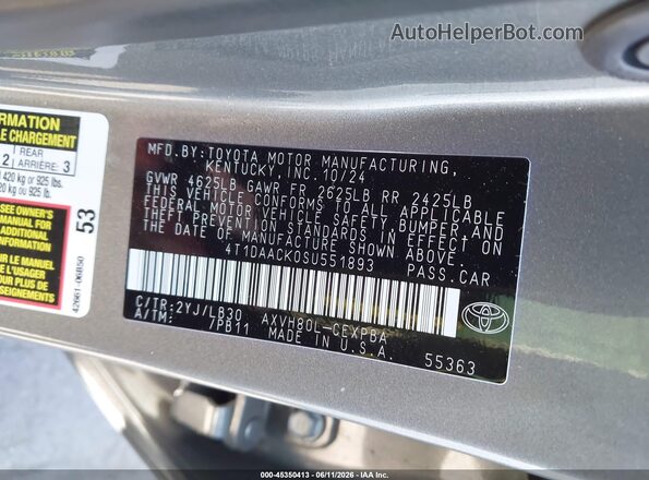 4T1DAACK0SU551893 2025 TOYOTA CAMRY Black Շարժիչի բաժամունքի տեսք