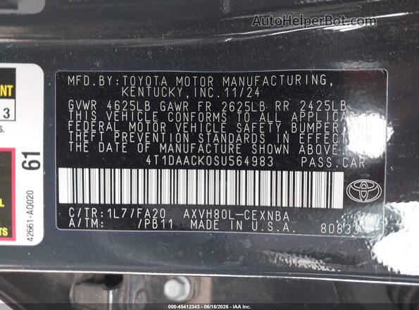 4T1DAACK0SU564983 2025 TOYOTA CAMRY Gray Vista del compartimento del motor