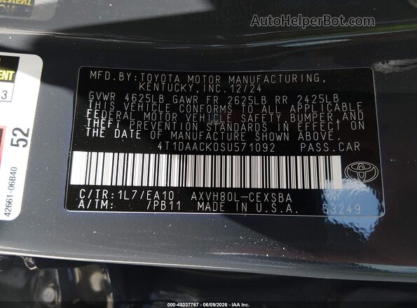 4T1DAACK0SU571092 2025 TOYOTA CAMRY Gray Вид підкапотного простору