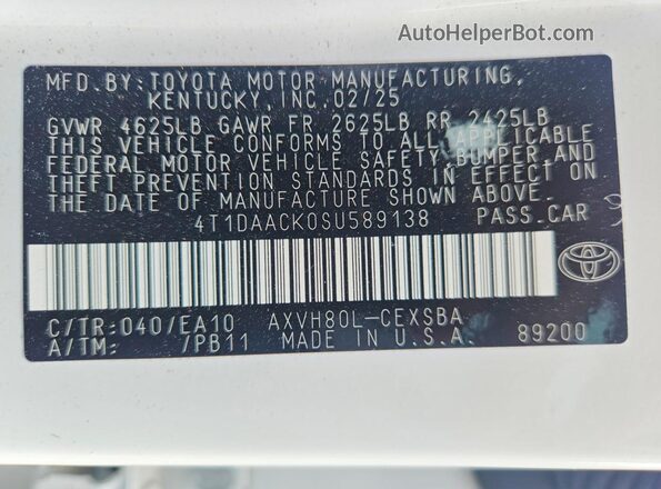 4T1DAACK0SU589138 2025 TOYOTA CAMRY Белый 