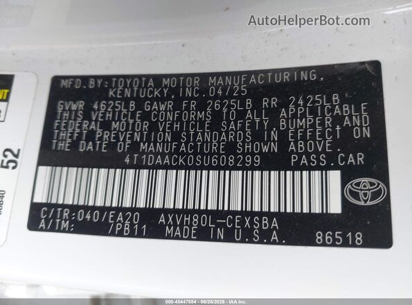 4T1DAACK0SU608299 2025 TOYOTA CAMRY White Engine compartment view