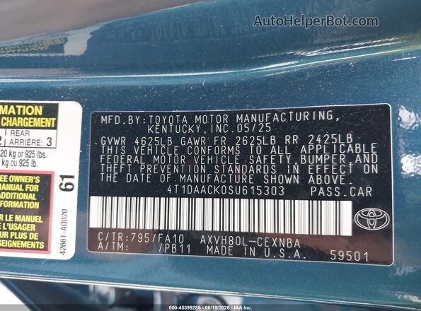 4T1DAACK0SU615303 2025 TOYOTA CAMRY Blue Engine compartment view