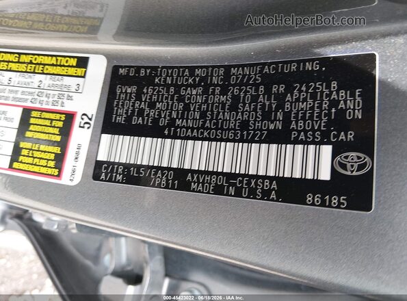 4T1DAACK0SU631727 2025 TOYOTA CAMRY Gray Widok komory silnika