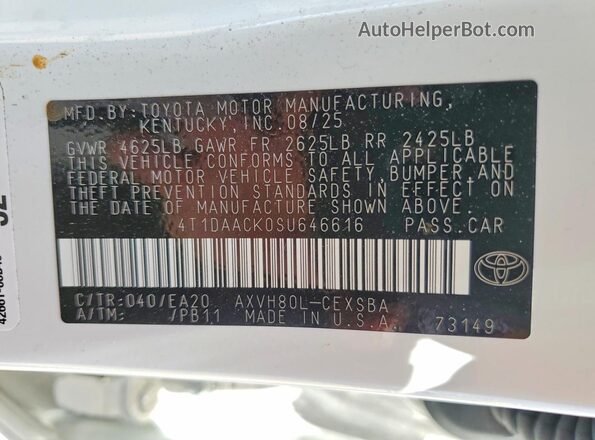4T1DAACK0SU646616 2025 TOYOTA CAMRY White VIN sticker view