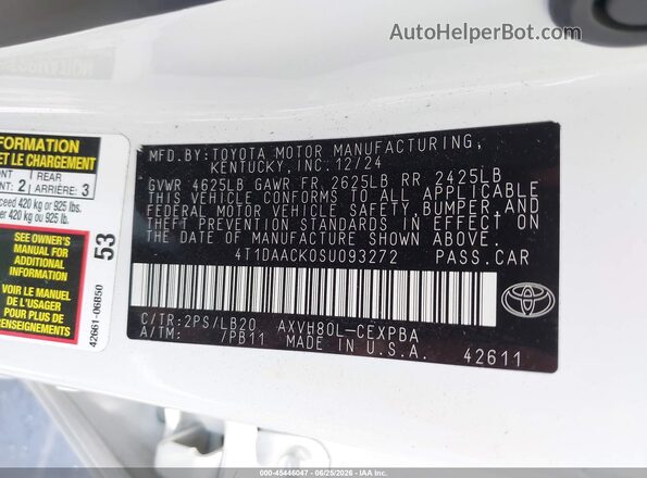 4T1DAACK0SU093272 2025 TOYOTA CAMRY White Widok komory silnika