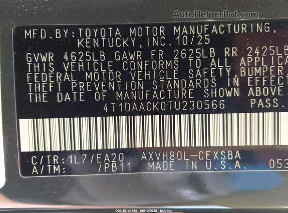 4T1DAACK0TU230566 2026 TOYOTA CAMRY Black Շարժիչի բաժամունքի տեսք