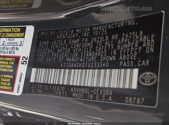 4T1DAACK0TU233340 2026 TOYOTA CAMRY Green Vista del compartimento del motor