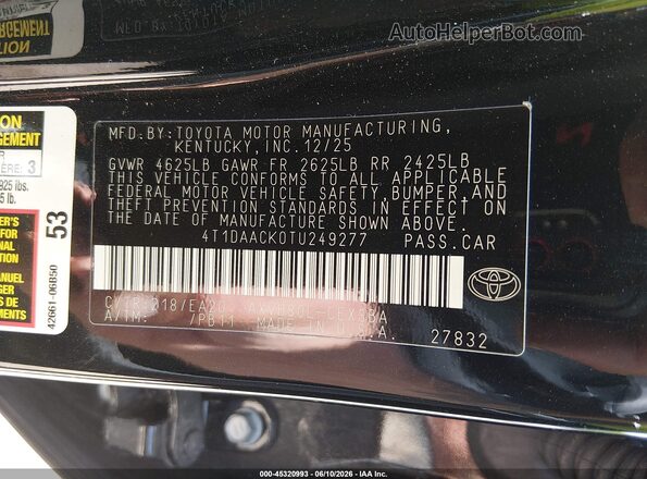 4T1DAACK0TU249277 2026 TOYOTA CAMRY Black Շարժիչի բաժամունքի տեսք