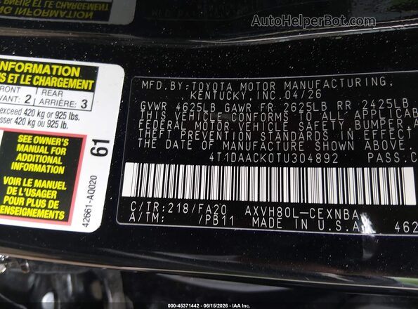 4T1DAACK0TU304892 2026 TOYOTA CAMRY Черный 