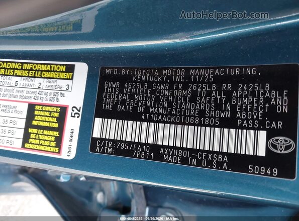 4T1DAACK0TU681805 2026 TOYOTA CAMRY Blue Engine compartment view
