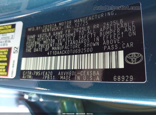 4T1DAACK0TU692500 2026 TOYOTA CAMRY Blue Engine compartment view